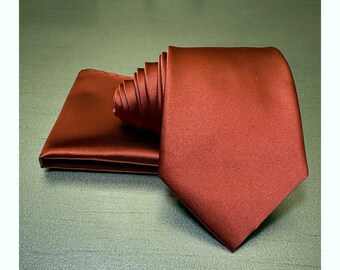 Cinnamon 3.5" Classic Self tie Neck tie and Pocket Square Handkerchief Set Solid Plain
