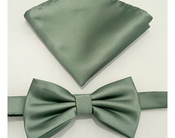New 2023 Dusty Satin Sage Green Solid Men's Pretied butterfly bow tie and Pocket Square Set Wedding