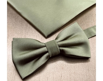 KIDS EUCALYPTUS Green Pretied butterfly bow tie and Pocket Square Set Wedding Solid 2023