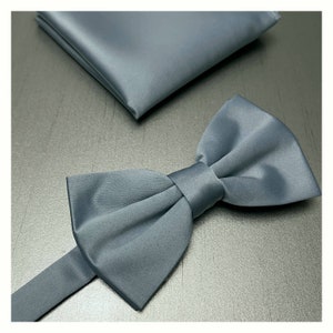 Peut inclure: Un nœud papillon en satin gris avec un mouchoir de poche assorti. Le nœud papillon est noué dans un style classique et le mouchoir de poche est plié en un simple triangle.