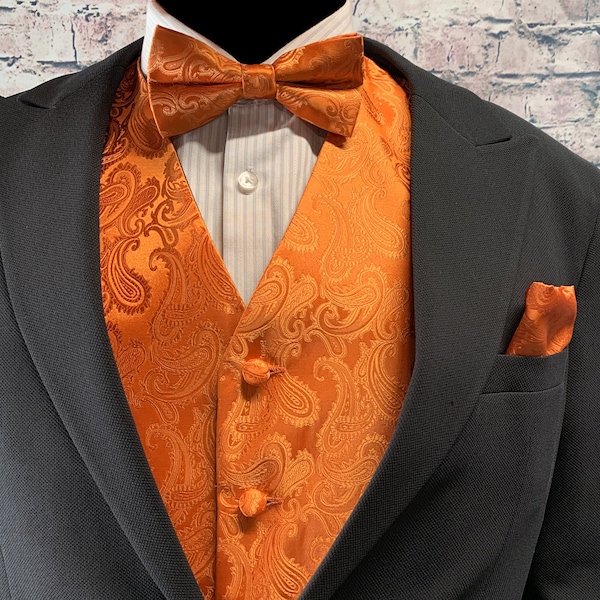 Orange Paisley Men's Vest Pre-tied bow tie and Pocket Square 3pcs Set for all formal or casual Prom Wedding Party