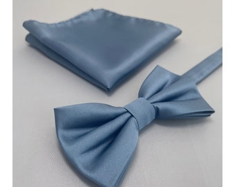 STEEL BLUE Solid Plain Men's Pretied bow tie and Pocket Square Set