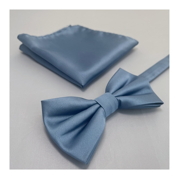 STEEL BLUE Solid Plain Men's Pretied bow tie and Pocket Square Set