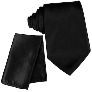 May include: A black satin tie and pocket square set. The tie is folded and the pocket square is folded in half.