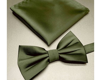 MARTINI OLIVE Green Solid Men's Pretied butterfly bow tie and Pocket Square Hankie Set Wedding Formal Prom 2023