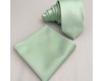 Pastel Green Light Sage Slim 2.75 inches wide Self tie Neck tie and Pocket Square Set Laurel