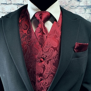 Burgundy Paisley Men&#39;s Vest Longtie and Pocket Square 3pcs Set Wedding Formal Prom