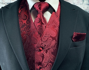 Burgundy Paisley Men's Vest Longtie and Pocket Square 3pcs Set