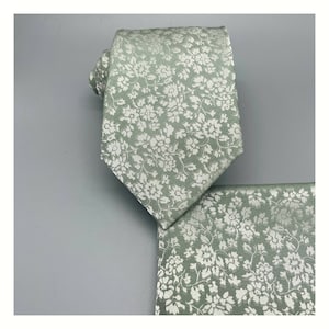 Floral DUSTY SAGE Green Self tie Classic Neck tie and Pocket Square Set Wedding Formal Groomsman Prom