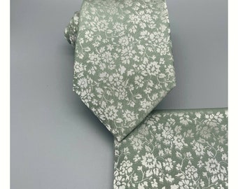 Floral DUSTY SAGE verde auto corbata clásica corbata y bolsillo cuadrado conjunto boda formal padrino fiesta