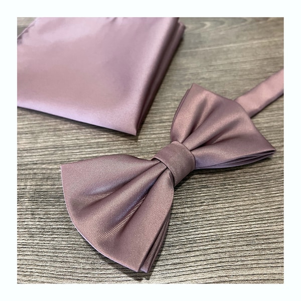 Dusty Mauve Quartz Solid Plain Men's Pretied bow tie and Pocket Square Set