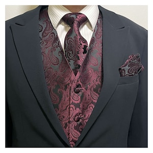 Burgundy Wine Black Paisley Men's Vest Longtie and Pocket Square 3pcs Set