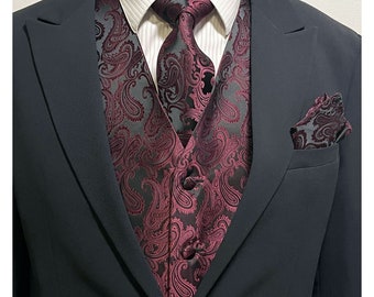 Burgundy Wine Black Paisley Men's Vest Longtie and Pocket Square 3pcs Set