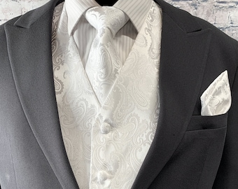 BRIGHT White Paisley Men's Vest Longtie and Pocket Square 3pcs Set for all formal or casual occasion Prom Wedding Party