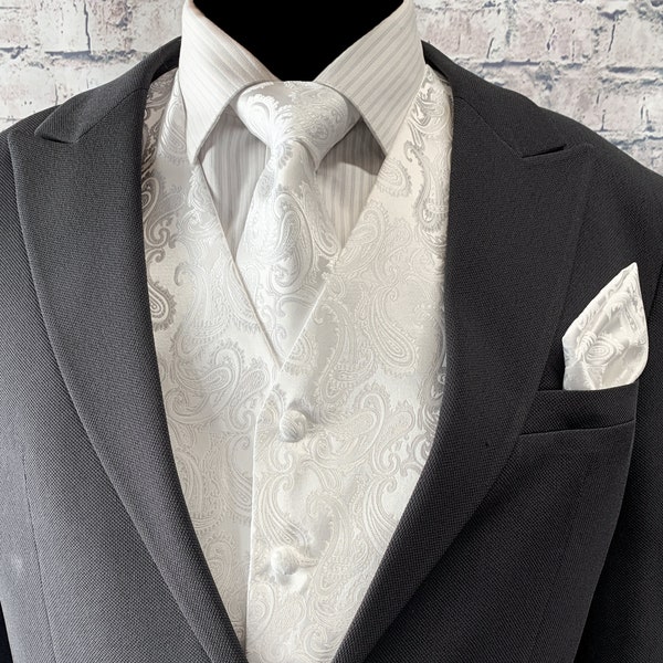 BRIGHT White Paisley Men's Vest Longtie and Pocket Square 3pcs Set for all formal or casual occasion Prom Wedding Party