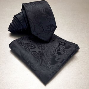 SLIM 2.75&quot; Width - Black Paisley Self tie Neck tie and Pocket Square Set Party New Years Prom Ceremony
