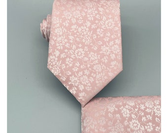Floral Dusty Rose Pink Classic Self tie Neck tie and Pocket Square Set Wedding Groomsman Prom Formal