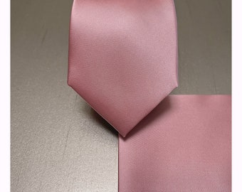 2.75" Slim Dusty Rose Pink solid plain Self tie Neck tie and Pocket Square Set