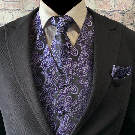 thumbnail image 2 of Men's Navy Paisley Tuxedo Vest, Tie & Hankie Set – Formal Wedding Prom Cruise 2 of 2