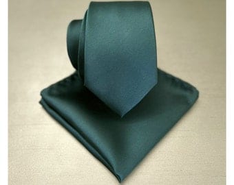 2.2" Wide Skinny Slim Dark Forest Green Self tie Neck tie and Pocket Square Set Microfiber hanky handkerchief
