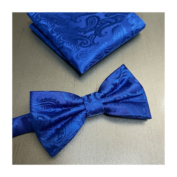 Royal Blue Paisley Men's Pretied Bow Tie and Pocket Square