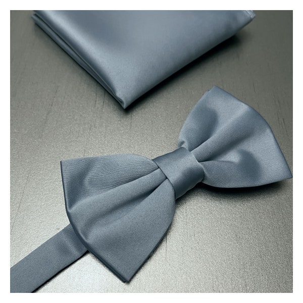 DUSTY BLUE Solid Plain Men's Pretied bow tie and Pocket Square Set