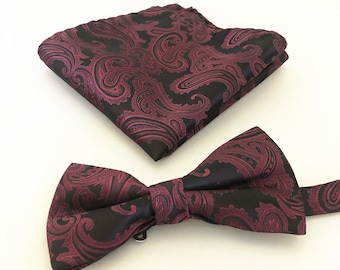 Paisley Dark Burgundy Black Pretied bow tie and Pocket Square Handkerchief Hankie Set