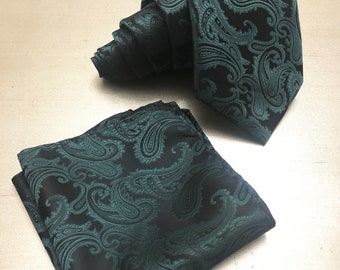 DARK FOREST GREEN Paisley Two Tone Self tie Neck tie and Pocket Square Handkerchief Hankie Set - Classic 3.5" Width Juniper