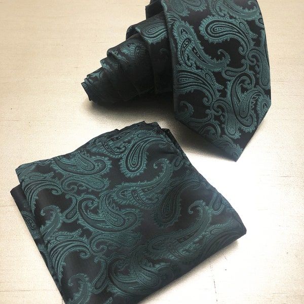 DARK FOREST GRÜN Paisley Two Tone Self tie Krawatte und Einstecktuch Taschentuch Taschentuch Set - Classic 3,5 "Breite Juniper