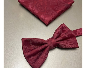 Paisley Burgundy Pretied Bow Tie and Pocket Square Handkerchief Hankie Set