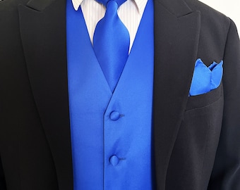 Royal Blue Solid Plain Men's Vest Longtie and Pocket Square 3pcs Set for all formal or casual occasion Prom Wedding Party