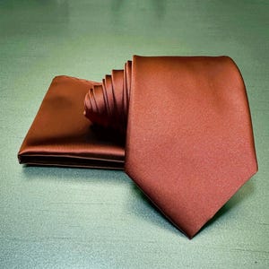 Cinnamon Classic Self tie Neck tie and Pocket Square Handkerchief Set Solid Plain Wedding Prom Formal 3.5&quot; width