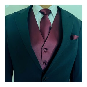 Dark Burgundy Wine Solid Plain Men&#39;s Vest Self Tie Longtie and Pocket Square 3pcs Set for all formal or casual occasion Prom Wedding Party