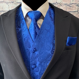 Royal Blue Paisley Men&#39;s Vest Longtie and Pocket Square 3pcs Set for all formal or casual occasion Prom Wedding Party