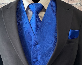 Blue Paisley Men's Vest Longtie and Pocket Square 3pcs Set for all formal or casual occasion Prom Wedding Party