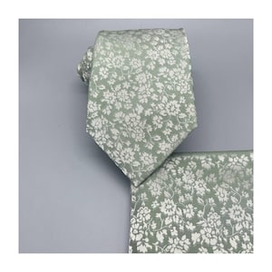 Floral DUSTY SAGE Green Self tie Classic Neck tie and Pocket Square Set Wedding Bridal Formal Groomsman Prom Gift