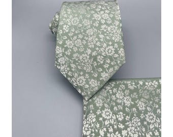 Floral DUSTY SAGE Green Self tie Classic Neck tie and Pocket Square Set Wedding Bridal Formal Groomsman Prom Gift