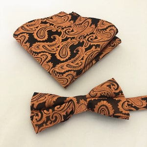 Paisley Rust Orange Black Pretied bow tie and Pocket Square Handkerchief Hankie Set