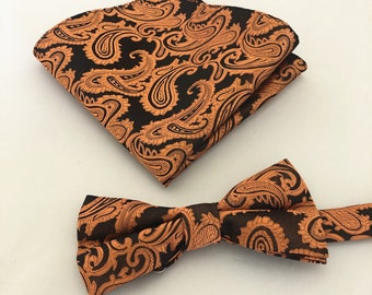 Paisley Rust Orange Black Pretied bow tie and Pocket Square Handkerchief Hankie Set