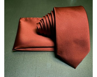 Cinnamon Slim 2.75" Width solid plain Self tie Neck tie and Pocket Square Handkerchief Set Wedding Formal