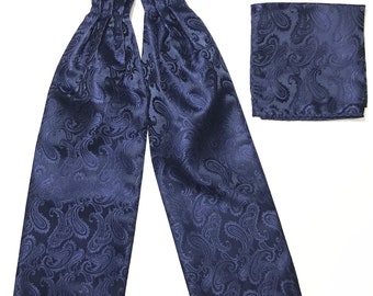 NAVY BLUE Paisley Free Style Casual Ascot Cravat and Pocket Square Set