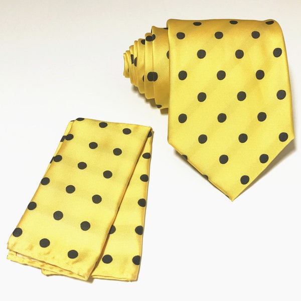 Polka Dots Yellow Black Dots Self tie Neck tie and Pocket Square Handkerchief Hankie Set Party Christmas Holiday Prom Fall