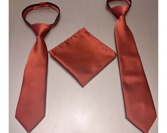 Cinnamon - Kid's 11" or 14" inch Zipper Tie Matching Pocket Square Hanky Handkerchief - solid - choose size 2022