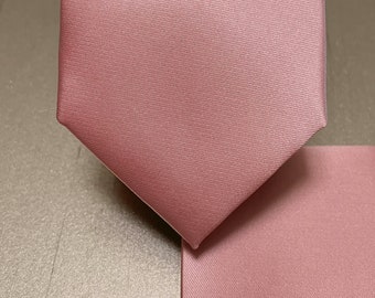 Dusty Rose Pink solid plain Self tie Neck tie 3.5" wide and Pocket Square Set Classic