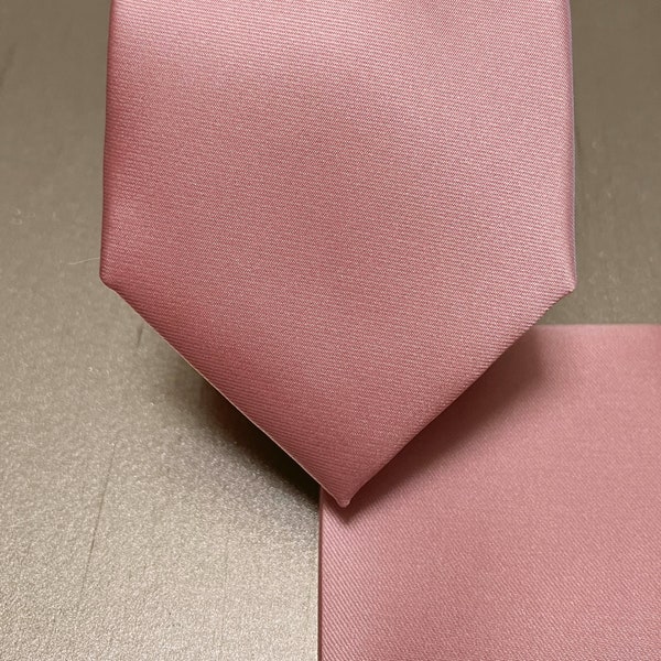 Dusty Rose Pink solid plain Self tie Neck tie 3.5" wide and Pocket Square Set Classic