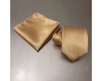 Gold Classic 3.5" Wide Self tie Neck tie and Pocket Square Set Wedding Groomsman Prom