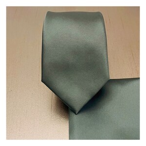 Slim 2.75" Width Dark Dusty Sage Green Solid Self tie Neck tie and Pocket Square Handkerchief Hankie Set