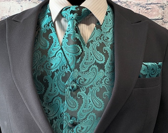 Mermaid Teal Green Black Paisley Men's Vest Longtie and Pocket Square 3pcs Set for all formal or casual occasion Prom Wedding Party