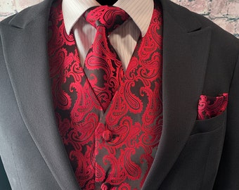 RED / BLACK  Paisley Men's Vest Longtie and Pocket Square 3pcs Set for all formal or casual occasion Prom Wedding Party