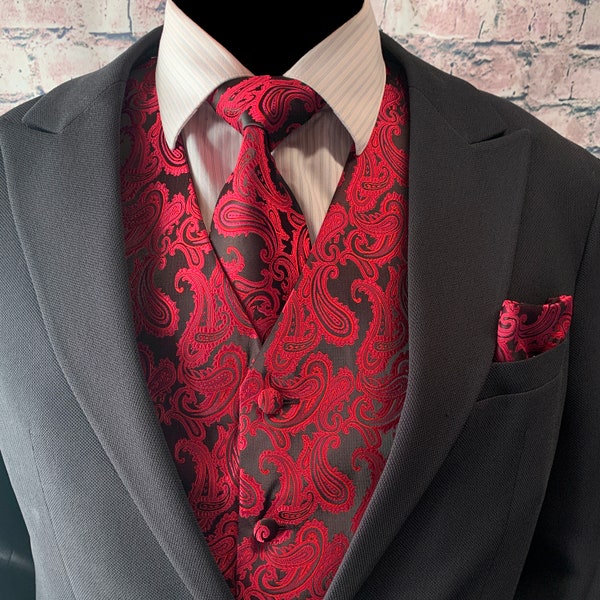 RED / BLACK  Paisley Men's Vest Longtie and Pocket Square 3pcs Set for all formal or casual occasion Prom Wedding Party